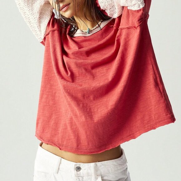 Pink Casual Women's Boho Knit Patchwork Lantern Sleeve Colorful Floral T-Shirt - Picture 6 of 7